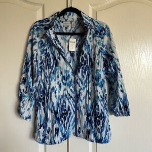 Zenergy by Chico’s Neema Ikat Crush jacket pleated zip up Bali blue size Large